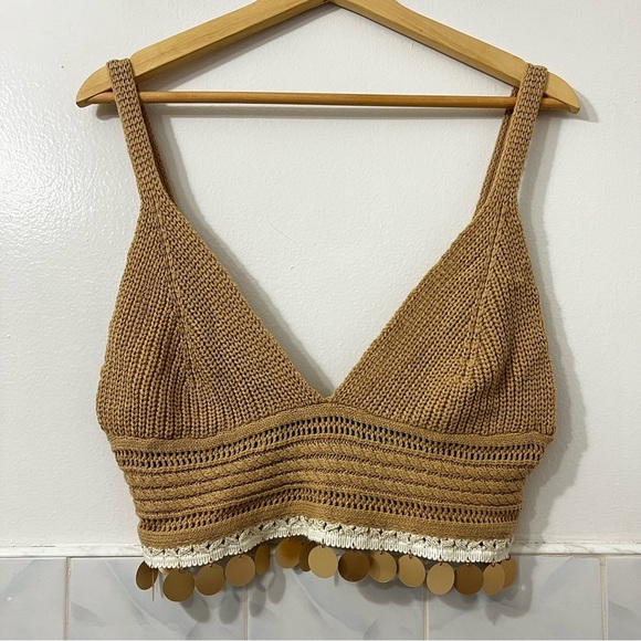 NWT Cider L Beige Tassel Knit Crop Tank Bohemian Festival Coachella Beachy Top - Picture 3 of 10